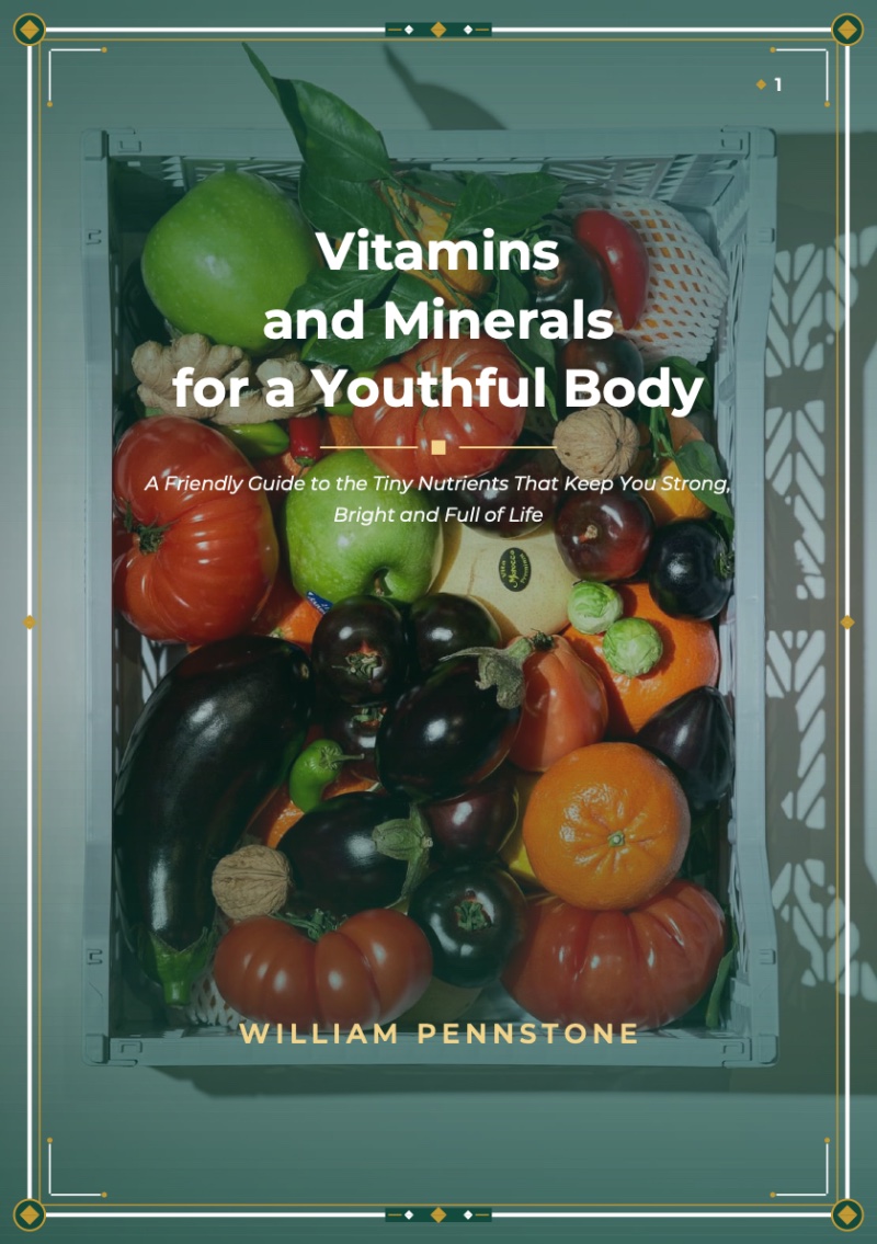 Cover of Vitamins and Minerals for a Youthful Body by William Pennstone — a crate of fresh fruit and vegetables